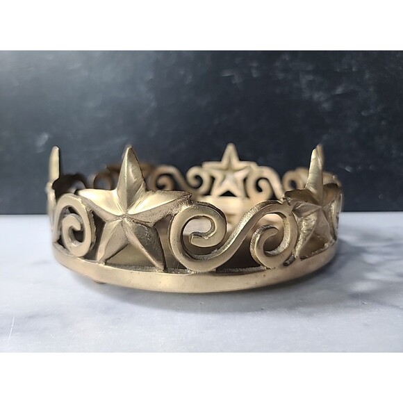 Round Brass Stars and Scrolls Pillar Candleholder Vintage Home Decor - Picture 5 of 10